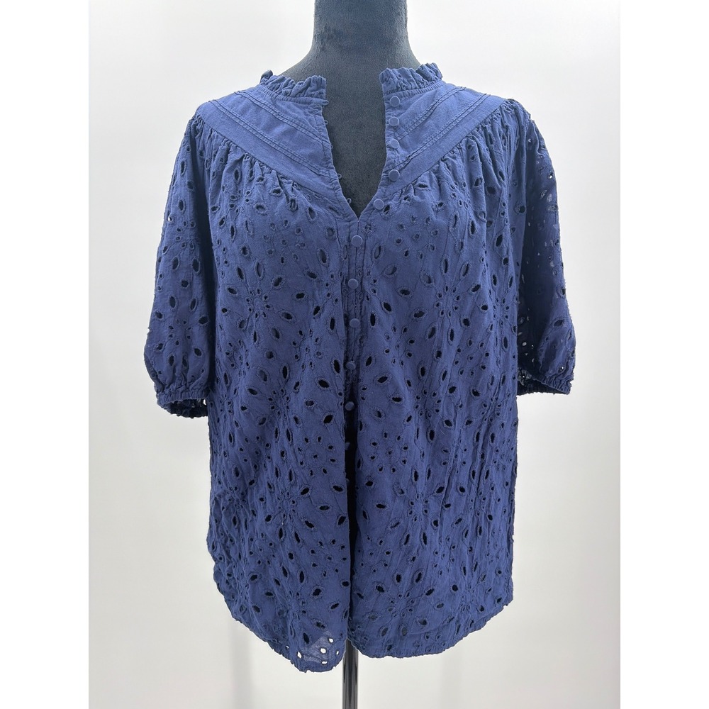 PrettyGarden Navy Blue Eyelet Embroidery Ruffle Neck Puff Sleeve Blouse Large